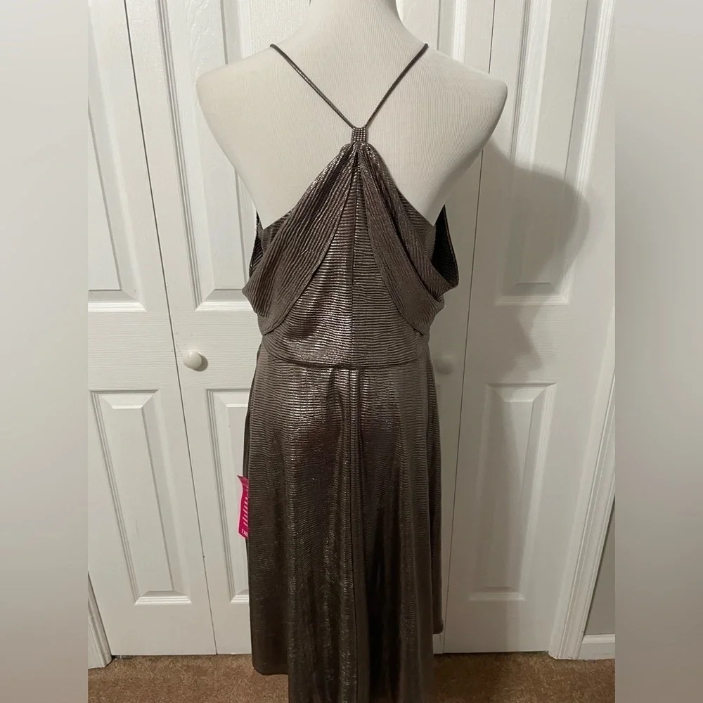 Halston Women’s Hi low Drape Metallic Gunmetal Racer back Midi dress size 8 - Picture 2 of 16